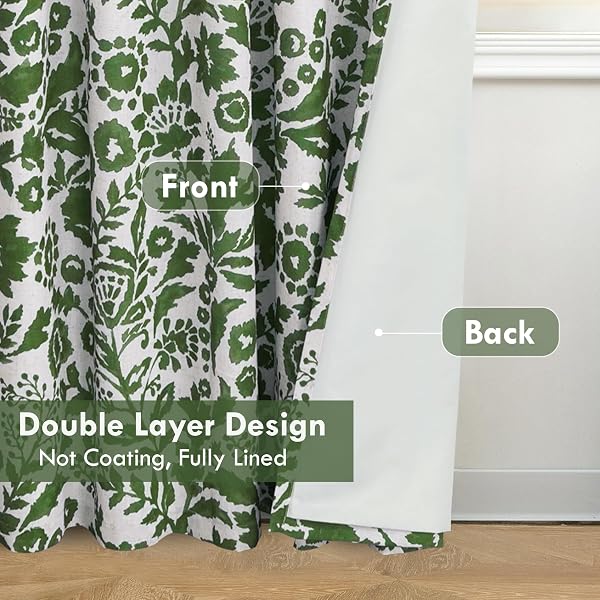 DRIFTAWAY JULIA 100% BLACKOUT LINEN CURTAINS FOR BEDROOM GREEN FLORAL WATERCOLOR PATTERN DOUBLE LAYER THERMAL INSULATED SOUND REDUCING DRAPE FOR LIVING ROOM GROMMET 2 PANELS EACH W52 X L96 LINEN GREEN