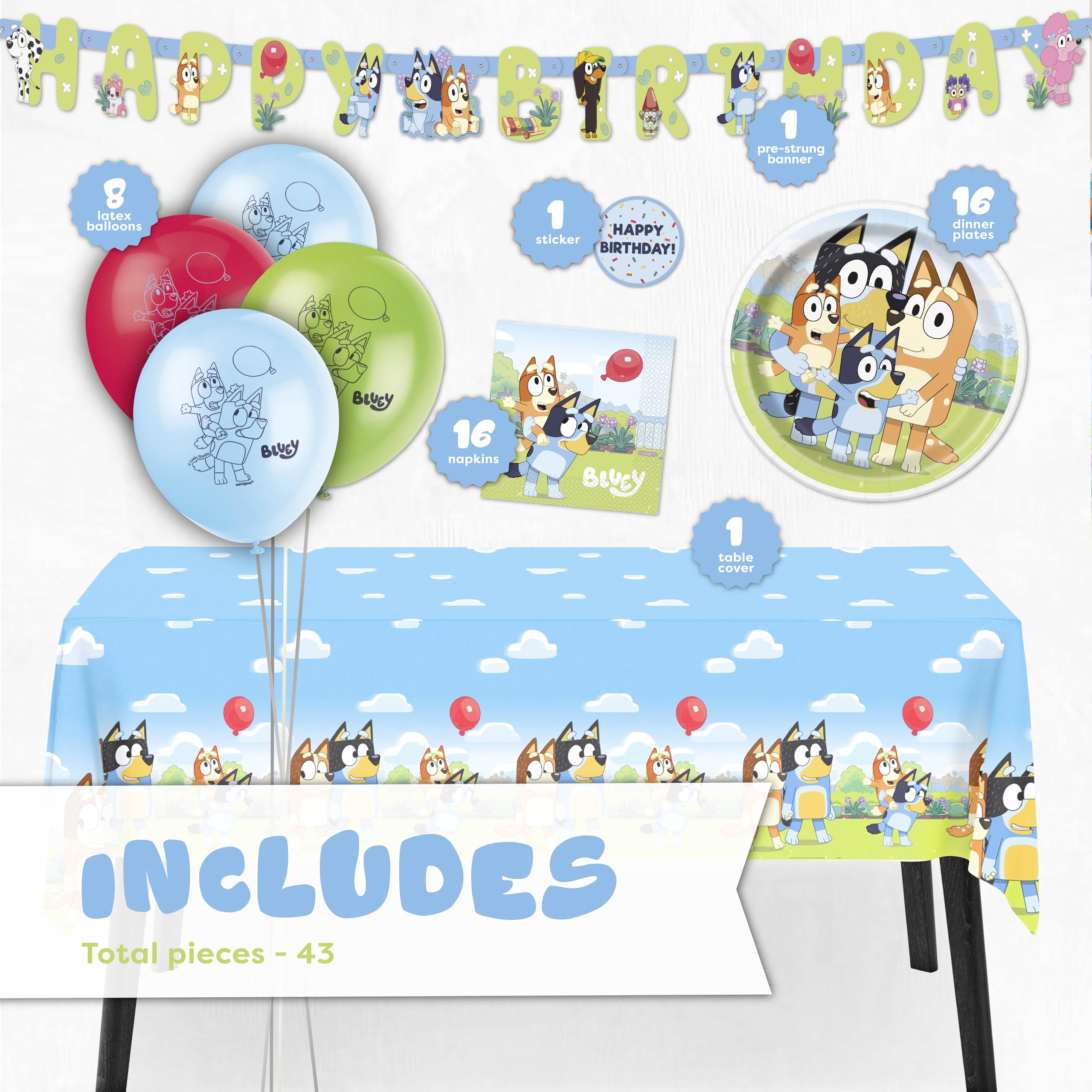 Bluey Birthday Decorations and Party Supplies | Serves 16 Guests | Bluey Party Decorations | Banner, Tablecloth, Balloons, Plates and Napkins, Sticker | Officially Licensed
