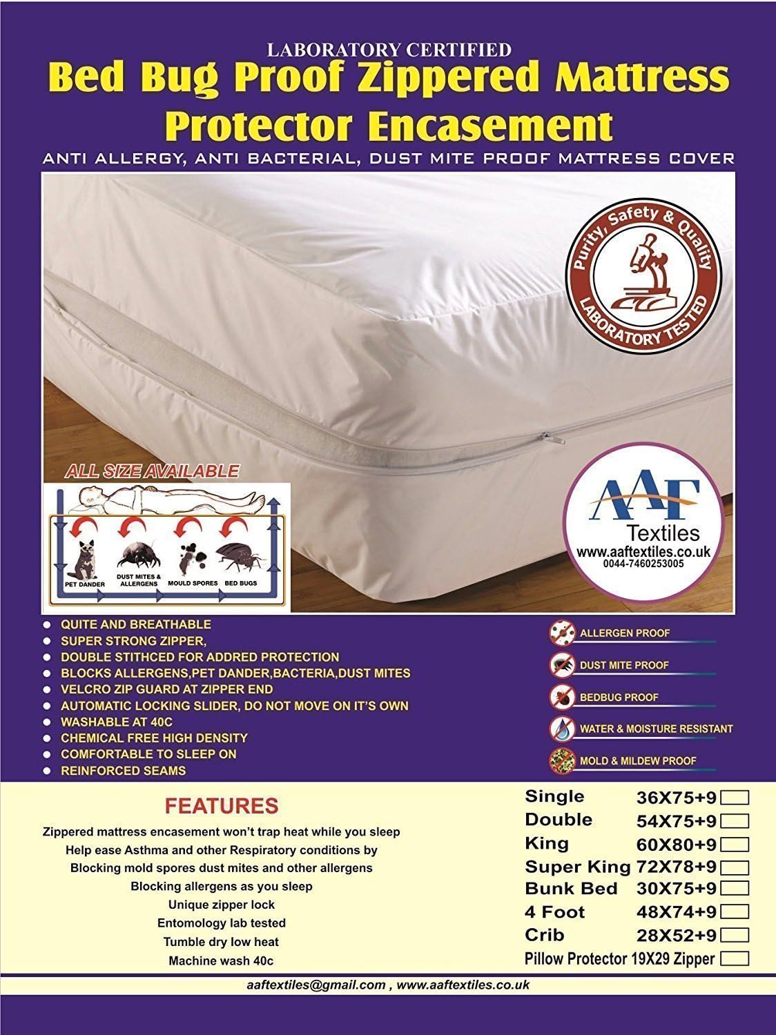 Aaf Textiles Single Bed Size Bug Proof Mattress Encasement Protector Cover | Absorbent | Anti