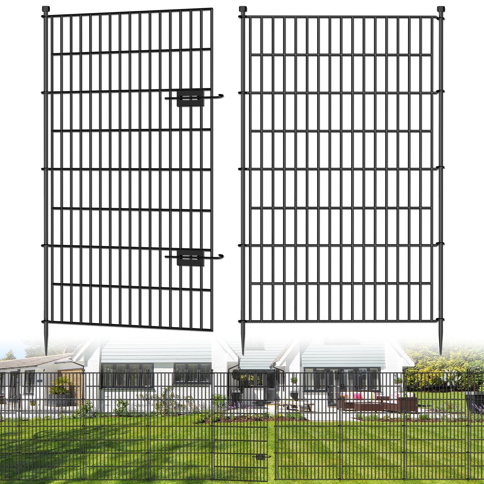 Photo 1 of 10 Panels No Dig Decorative Outdoor Garden Fence with Gate for Yard, 48 in(H) X 26.25ft(L) Animal Barrier Fencing Rustproof Metal Wire Panel Border for Dog, Rabbits, and Patio Temporary Ground Stakes