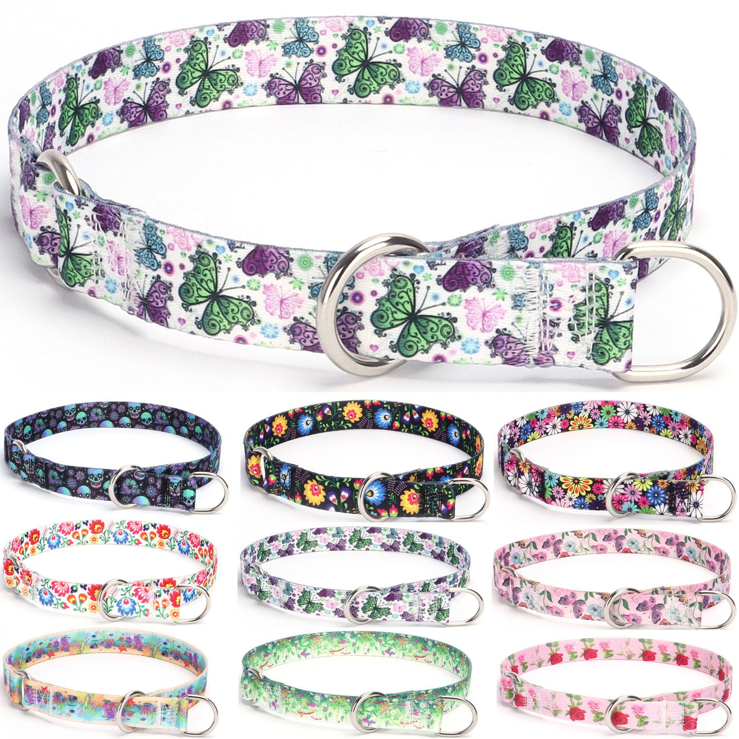 haoyueer Training Dog Collar, No Pull Martingale Collar, Slip Collar with Slidable Stop Ring for Small, Medium, Large Dogs (M, Butterfly)