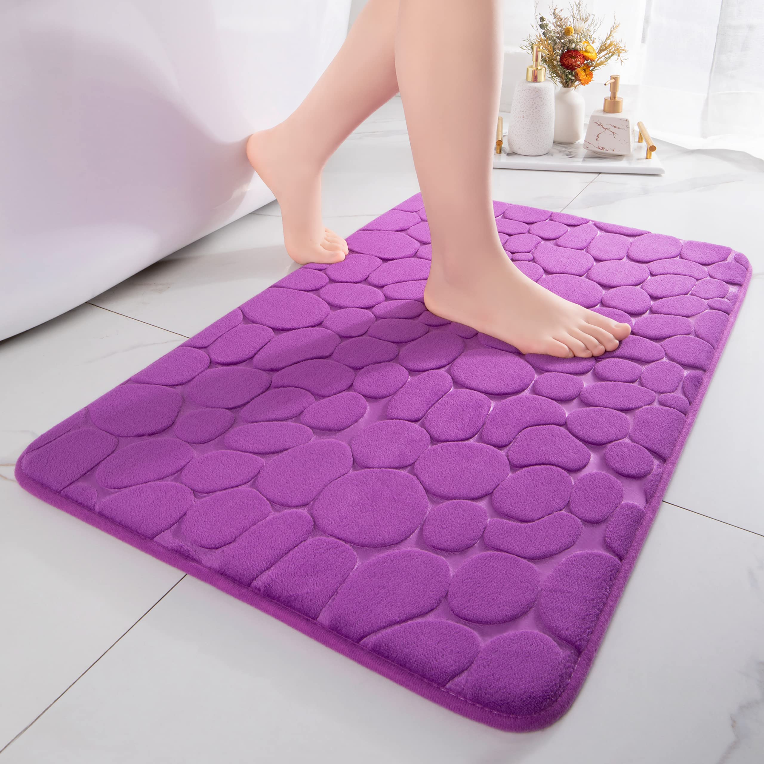 chakme Bath Mat, Memory Foam Bath Mat, Absorbent Bath Mat, Bathroom Rug, Shower Mat, Decorative Doormat Non-Slip Mat for Bathroom, Living Room, 43 x 61 cm, Purple