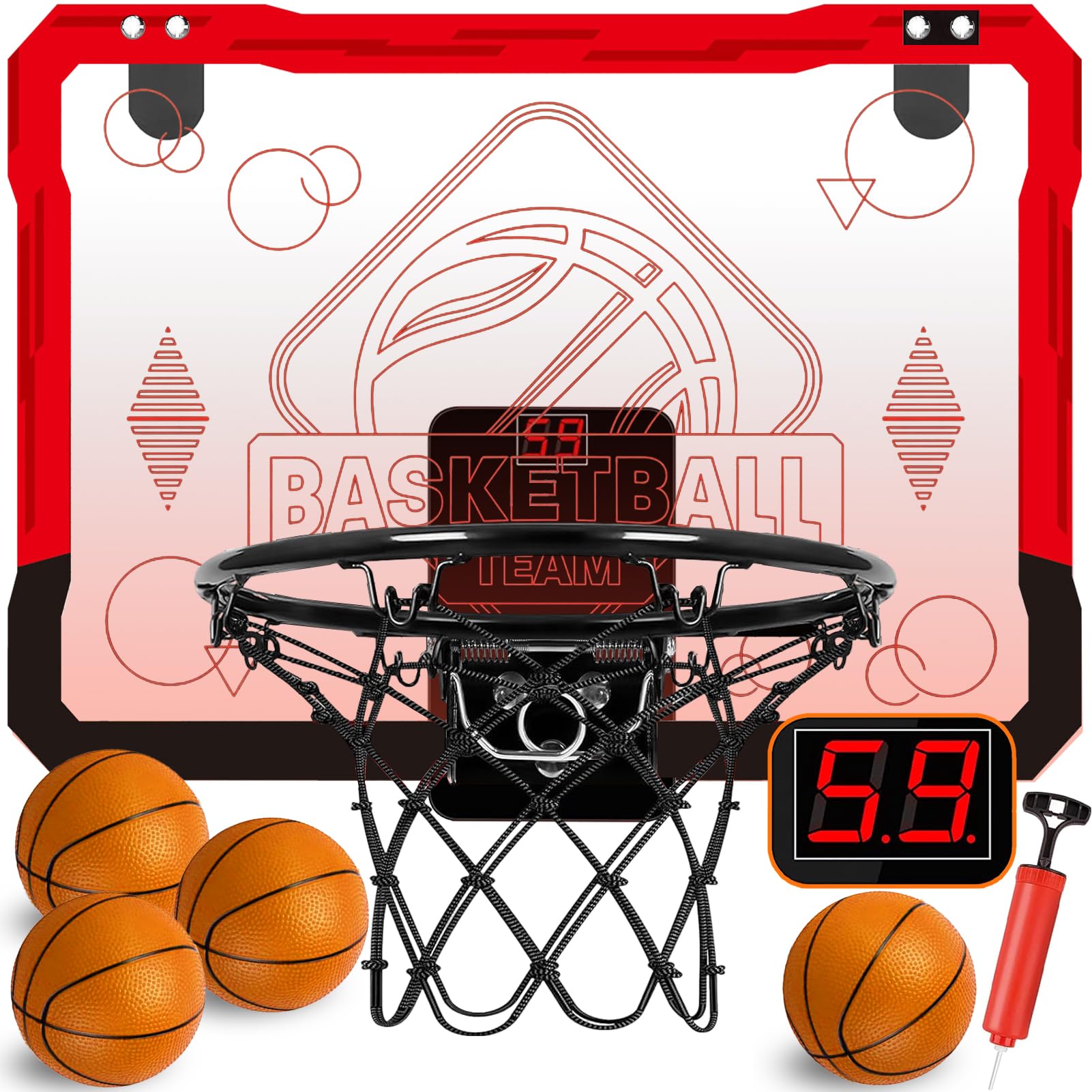 STAY GENT Indoor LED Basketball Hoop for Kids with 4 Balls & Multicolour Lights Automatic Scorer, Over Door Mini Basketball Hoop for Bedroom Home, Sports Game Gifts for 3 7 8 9 Boys Girls Teens Adults