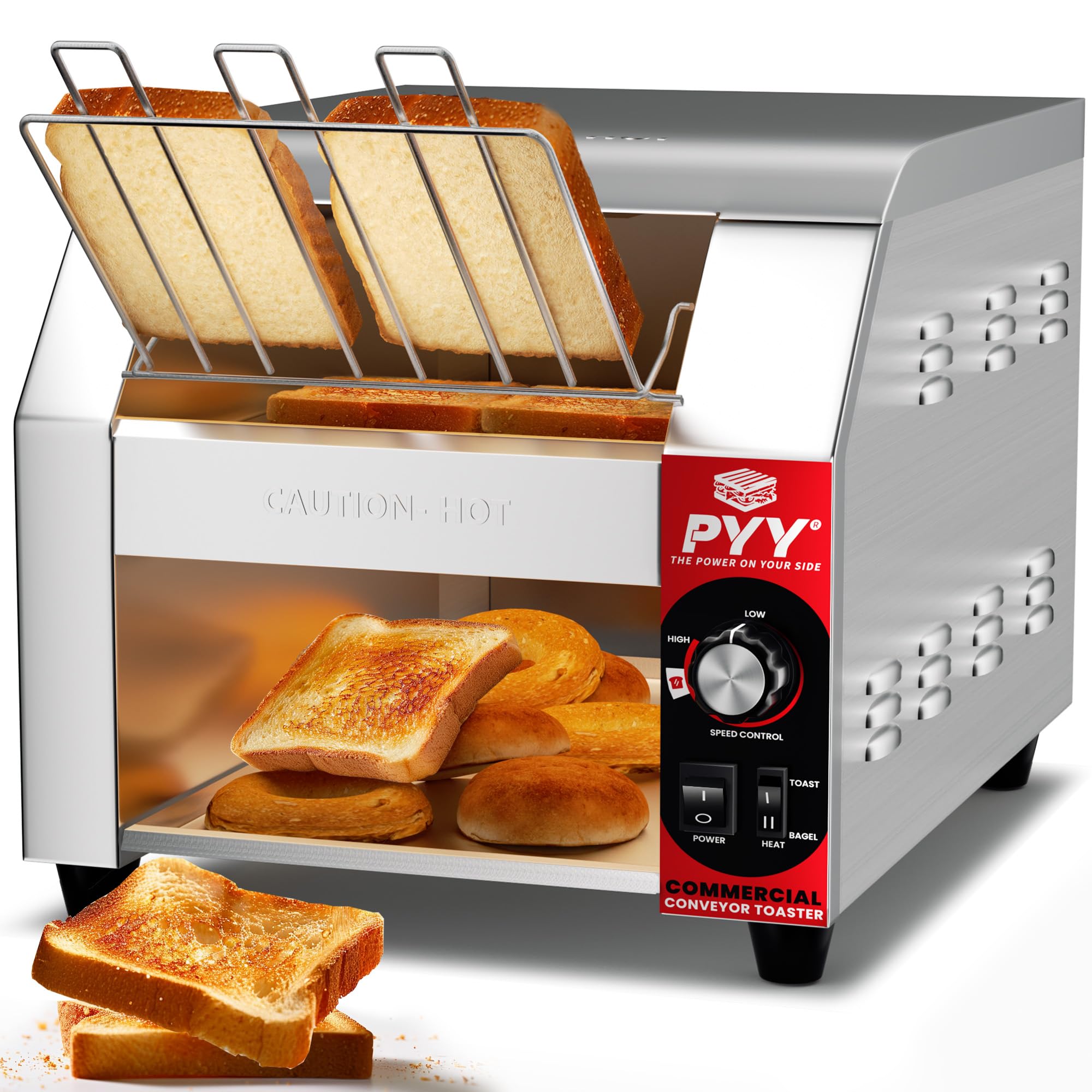 PYY Tostadora transportadora comercial - 450 rebanadas/H Tostadoras de cinta industriales eléctricas Acero inoxidable para bollos Bagel Pan Waffle Restaurante Buffet con certificación ETL 1800W