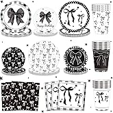 HABDJILTY Black Bow Birthday Party Supplies 120 Pcs Conquette Theme Birthday Party Decorations Includes Black Tie Plates and Napkins Disposable Bow Cups for Girls Women Party Decor