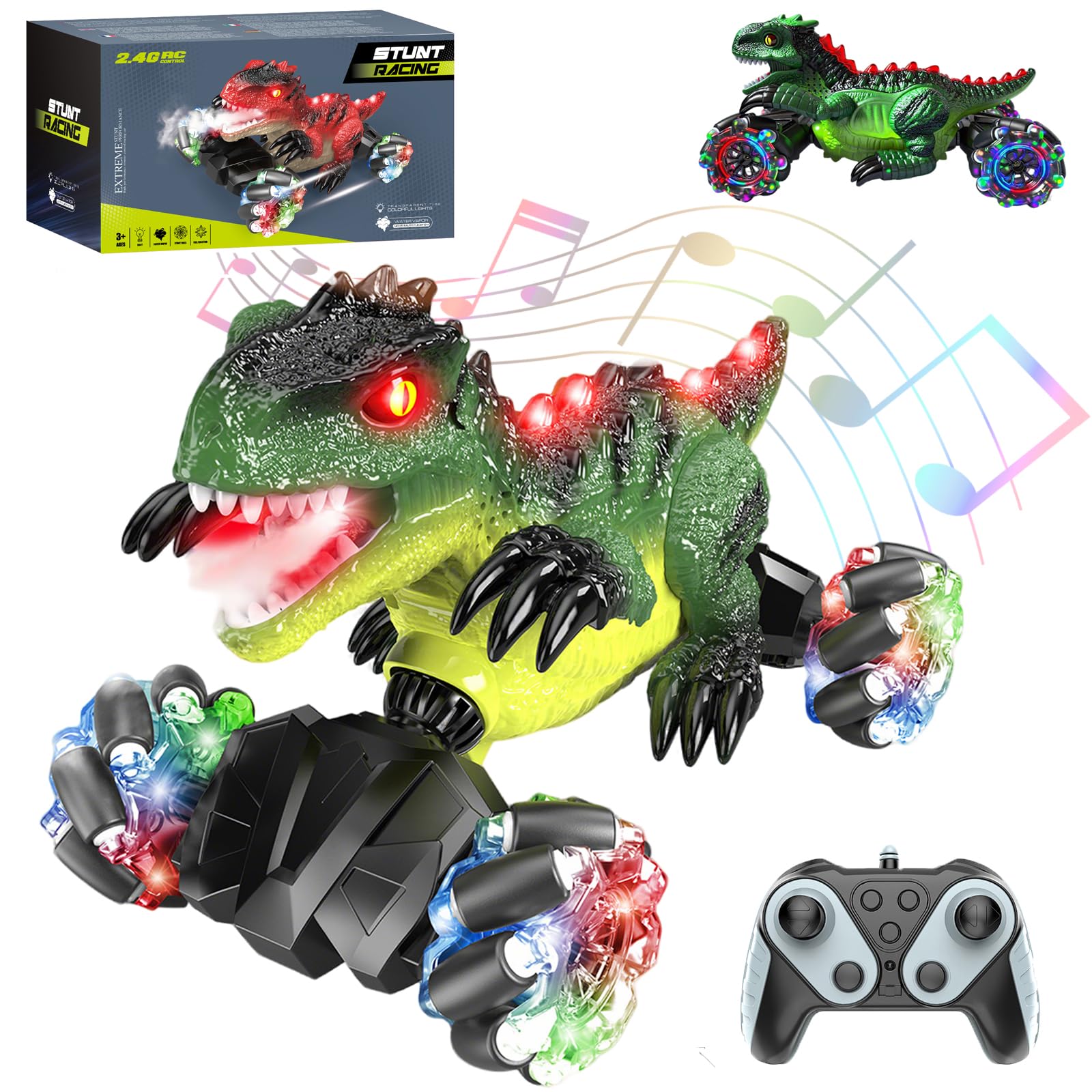 laughaha Dinosaur Remote Control Car, Rechargeable RC Cars Toys with Cool Lights Music, Dinosaur Stunt Twist Car, 360° Rotating 4WD Off-Road Race Cars for 4-12 Boy Kids Birthday Xmas Gifts-Green