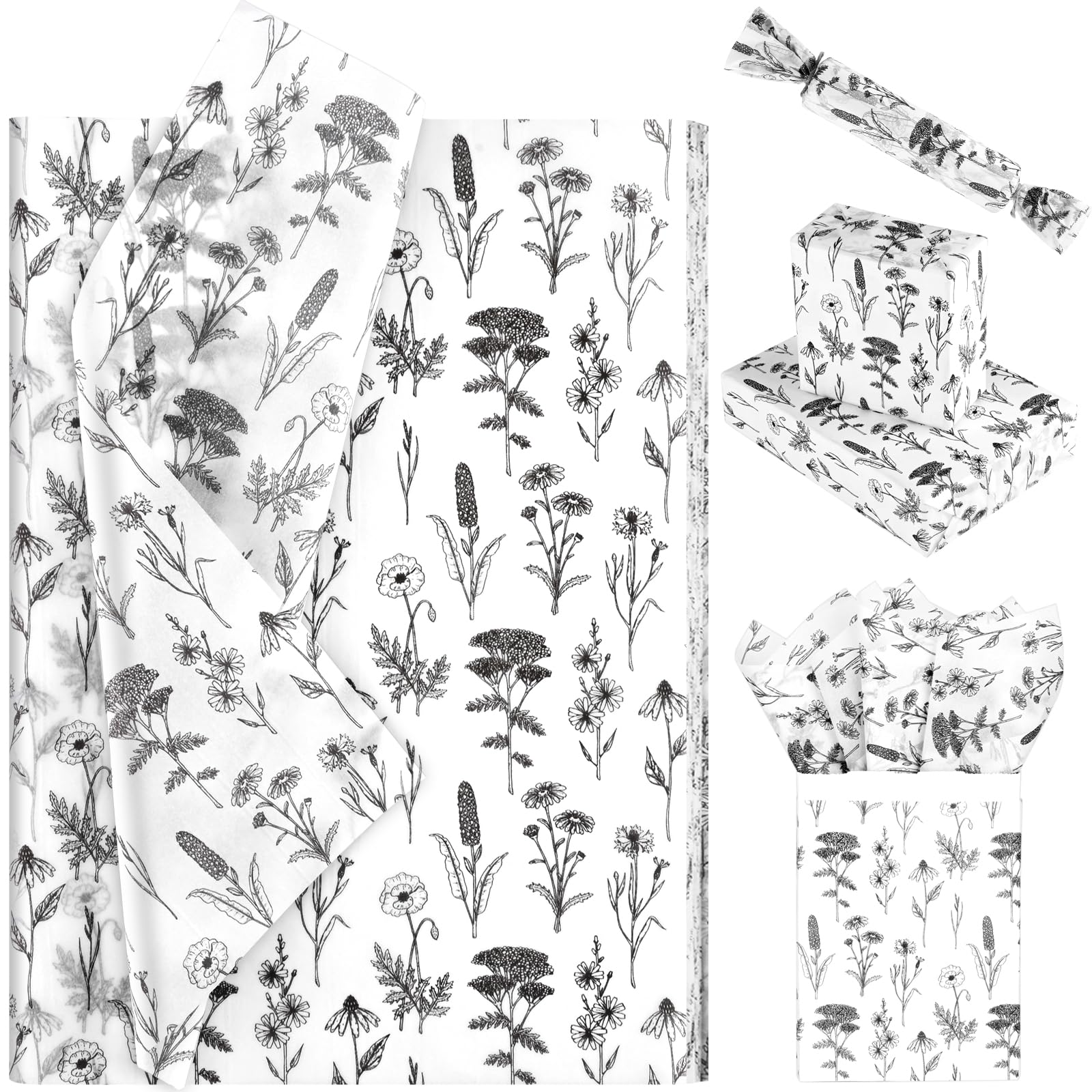 Photo 1 of 100 Sheet 20 * 14 Inches Vintage Wildflower Tissue Paper Black and White Floral Gift Wrapping Paper Botanical Decorative Tissue Paper for Gift Bags for Birthday Wedding Bridal Shower DIY Craft