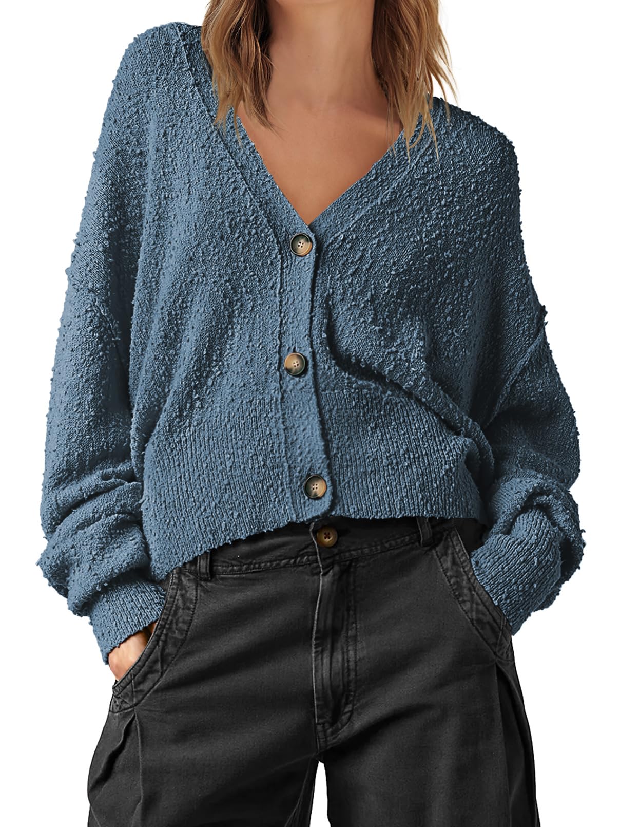 Photo 1 of MEROKEETY Women's Oversized Open Front Cropped Cardigan Sweater Chunky Knit Long Sleeve Button Fall Outwear Navy X-Large