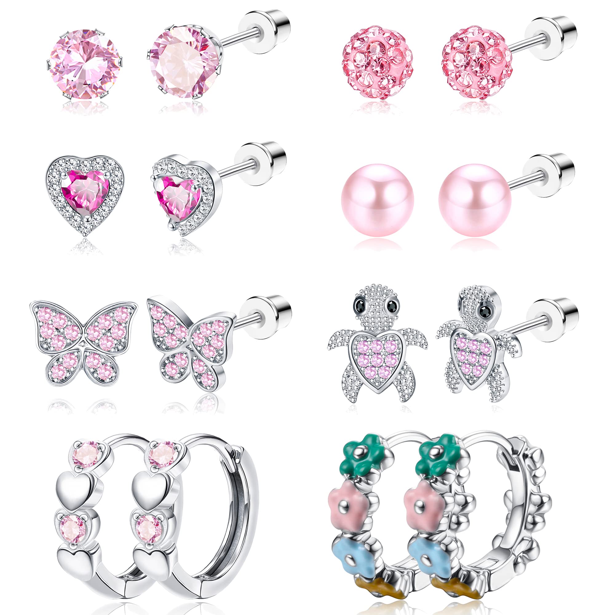 Hypoallergenic Screwback Earrings Studs for Girls Women 316L Stainless Steel Cute Heart Hoop Earrings CZ Butterfly Turtle Screw Back Stud Earrings 20G