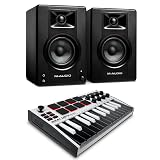 Recording Studio Package - Akai Professional MPK Mini MK3 USB MIDI Keyboard Controller and M-Audio BX3 3.5" 120W Speakers, with Production Software, white