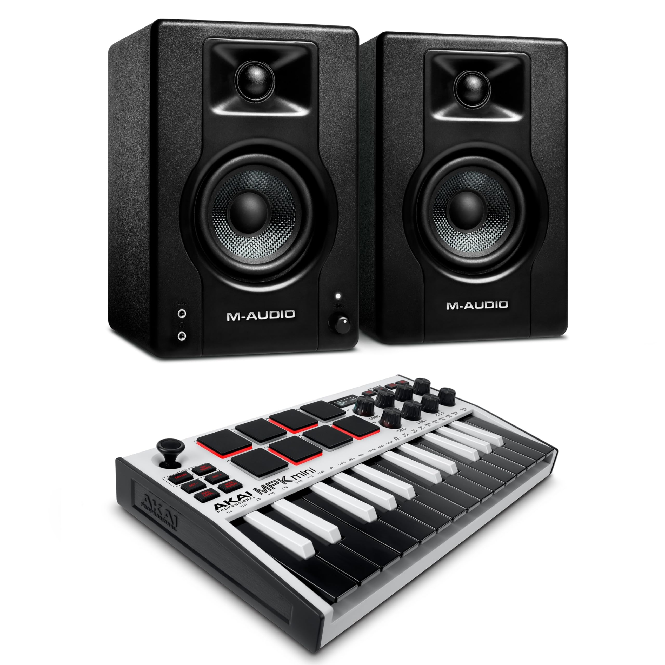 Recording Studio Package - Akai Professional MPK Mini MK3 USB MIDI Keyboard Controller and M-Audio BX3 3.5" 120W Speakers, with Production Software, white Image