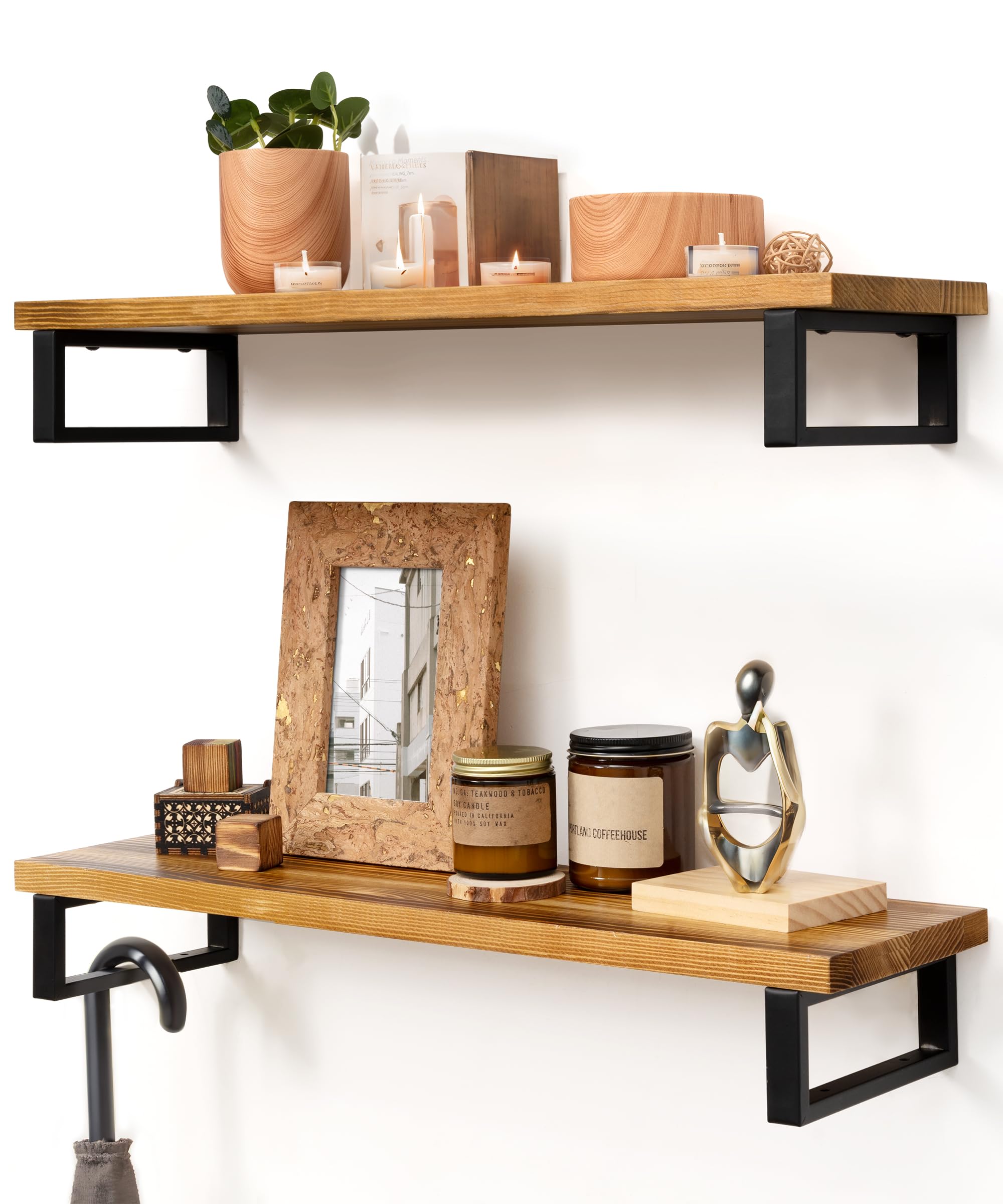 SUMGAR Floating Shelves for Wall Shelf Unit 60cm Long for Kitchen Bedroom Bathroom Storage Wooden Rustic Organiser Shelving Display for Living Room Home Decor with Brackets Set of 2