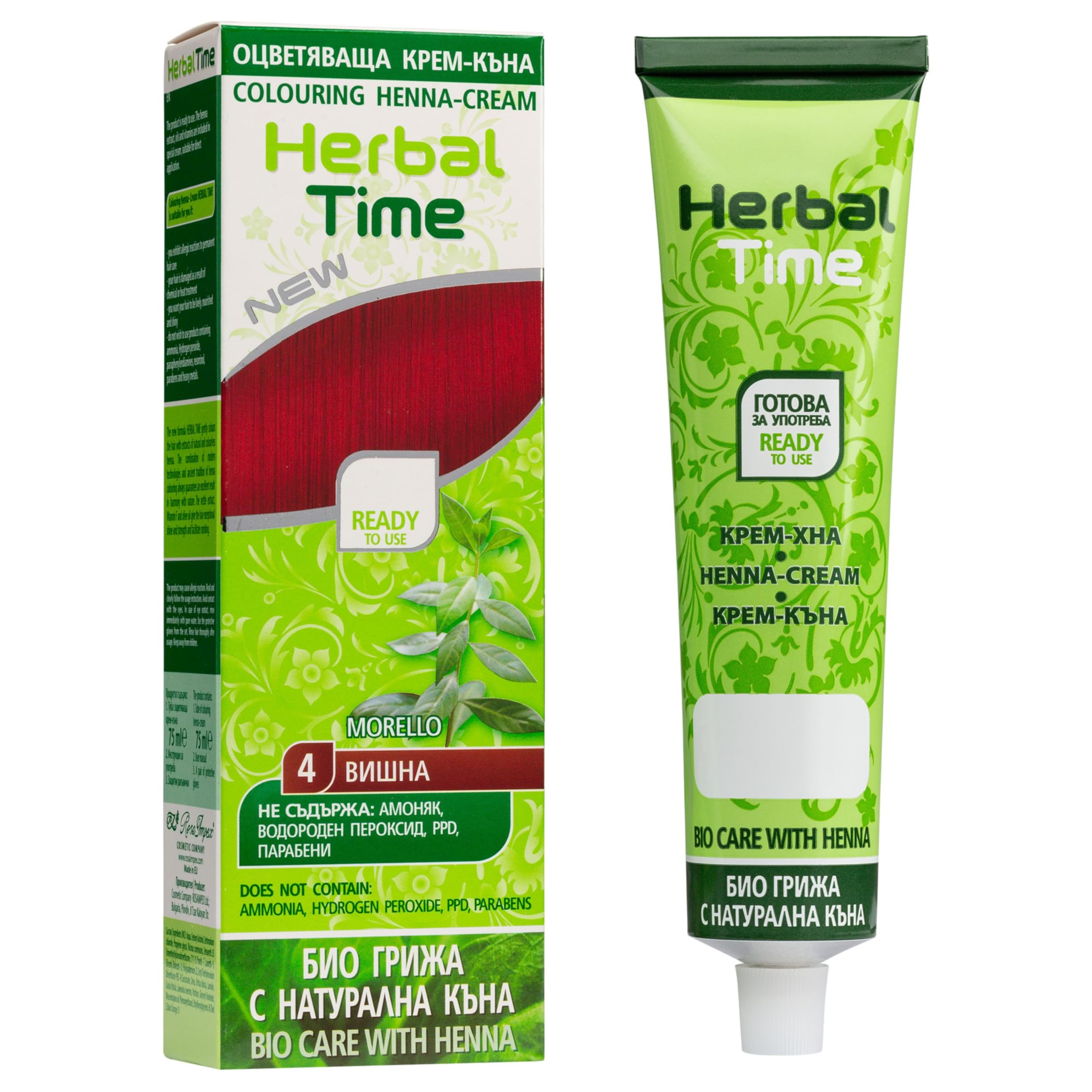 Herbal Time Henna Natural Color Morello Nº 4 | Coloring Cream With Nettle Extract | Gray Hair Cover | Temporary Dye | Ammonia, Sulfates, Parabens Free | 75 ml