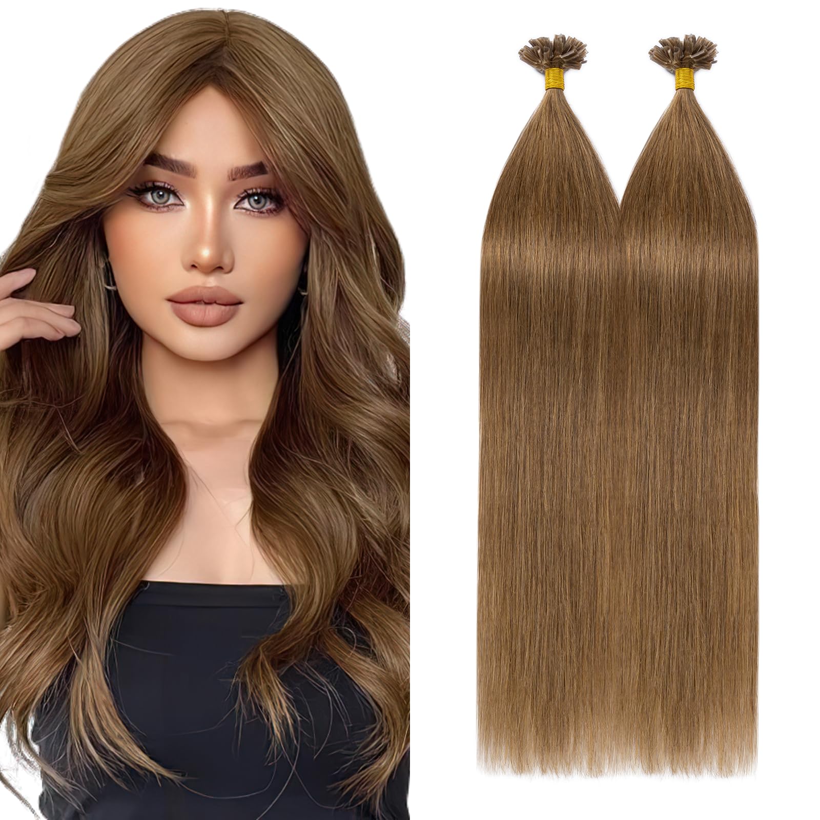 Silk-co U Tip Pre Bonded Hair Extensions Strands Keratin Nail Tip Straight Human Hair Extensions U tip Real Remy Hair 100 Strands Keratin Nail Til 20"-100g Light Brown