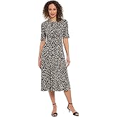 London Times Women's Geometric Print Fit and Flare Midi Dress-Elbow Sleeve Round Neck-Elegant Wedding Guest Attire
