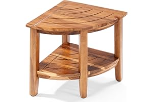 Jekruiet 18" Teak Corner Shower Stool, 2-Tier Teak Shower Bench with Storage Shelf, Adjustable Non-Slip Feet