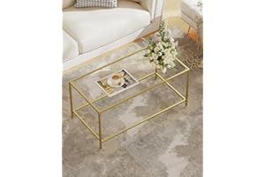 Homleke Glass Coffee Table, Modern Rectangular Coffee Table for Living Room, Minimalist Center Tea Table with Sturdy Metal Frame for Apartment, Office, Easy Assembly, 39.4 x 19.7 x 17.7 Inches, Golden
