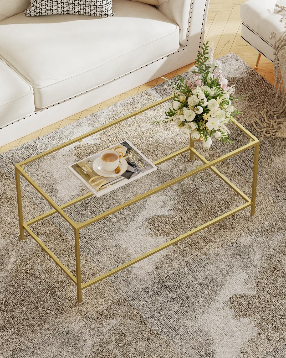 Photo 1 of **MISSING HARDWARE** Homleke Glass Coffee Table, Modern Rectangular Coffee Table for Living Room, Minimalist Center Tea Table with Sturdy Metal Frame for Apartment, Office, Easy Assembly, 39.4 x 19.7 x 17.7 Inches, Golden