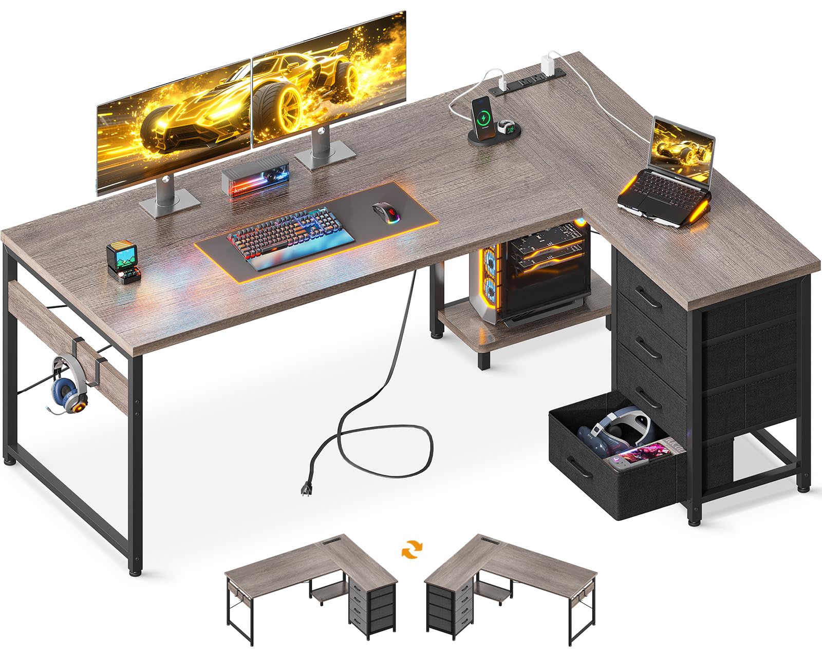 Photo 1 of **Missing instructions &HARDWARE** AODK L Shaped Desk with 4 Tier Drawers, 61" Reversible Gaming Desk with Power Outlets, L Shaped Computer Desk with USB Charging Port and Host Stand, Home Office Corner Desk, Easy to Assemble, Grey Oak