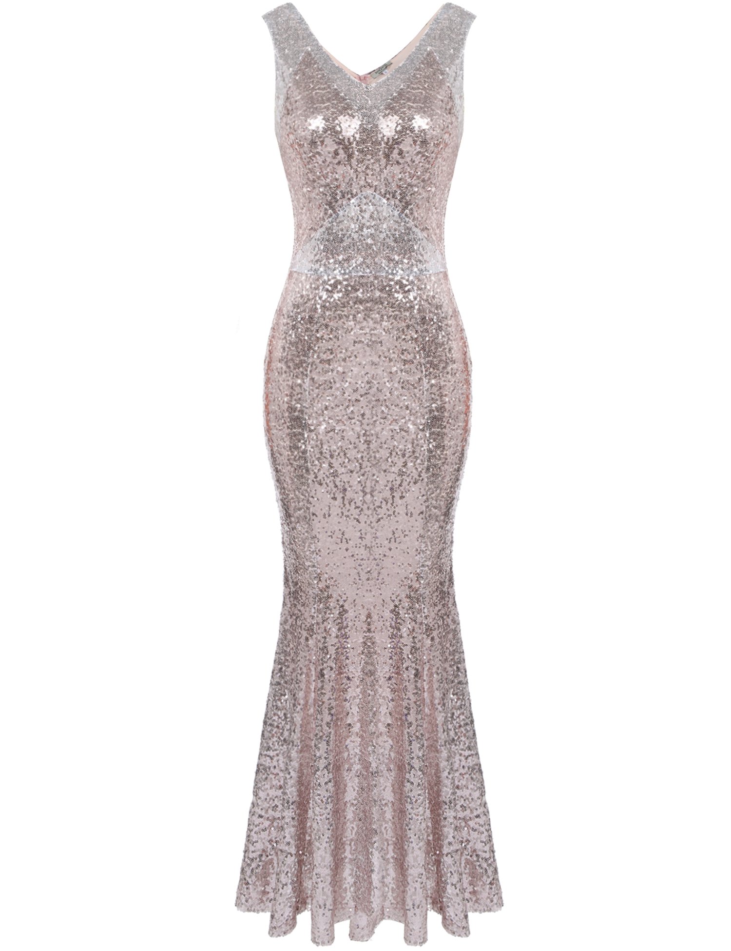 ANGVNS Sexy Sleeveless V Neck Sequins Sparkle Mermaid Bodycon Maxi Prom Dress