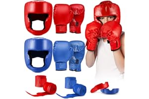 Kanayu 12 Pcs Kids Boxing Equipment Set for Beginners Ages 6-18 Years Including Boxing Helmet and Gloves Hand Wraps Sport Mouthguards Taekwondo Sparring Gear for Kids and Children