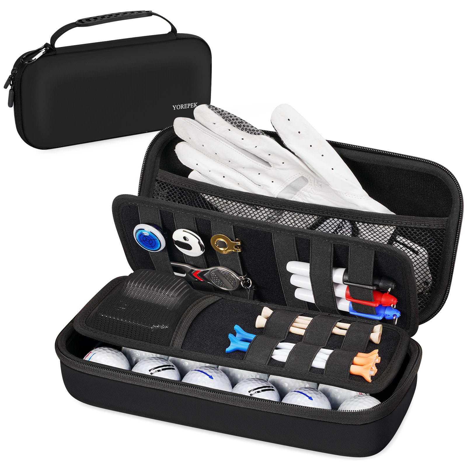 Photo 1 of YOREPEK Golf Glove Case with Removable Glove Shaper, Golf Gifts for Men with 2 Dividers, Protective Hard Shell Golfing Organizer Fits Balls, Tees, Markers, Divot Tool, Accessories, Black