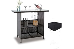 FOOWIN PE Wicker Bar Counter, 3 in 1 Glass Top Outdoor Patio Bar Table w/ 3 Steel Shelves, Rattan Bar Counter w/ 3 Sets of Rails, Gift Waterproof Cover and Dust Tablecloth for Garden Patio