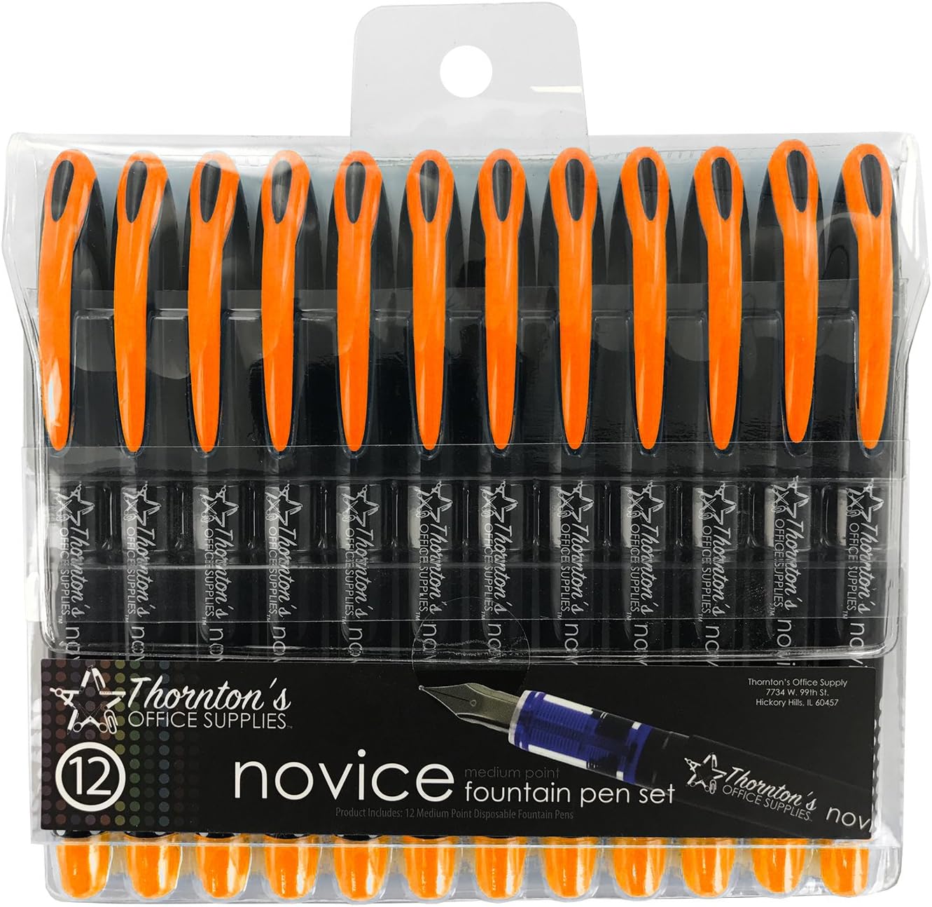 Thornton's Office Supplies Disposable Fountain Pens Pack of 12 Medium Point Orange Journaling and Calligraphy Pen for Smooth Writing - Gift for Beginner Artist