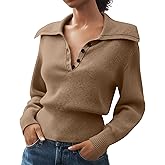 MISSACTIVER Women’s Lapel Collar Polo Sweater Long Sleeve Slim Fit Knit Pullover V-Neck Button Down Ribbed Cropped Fall Top