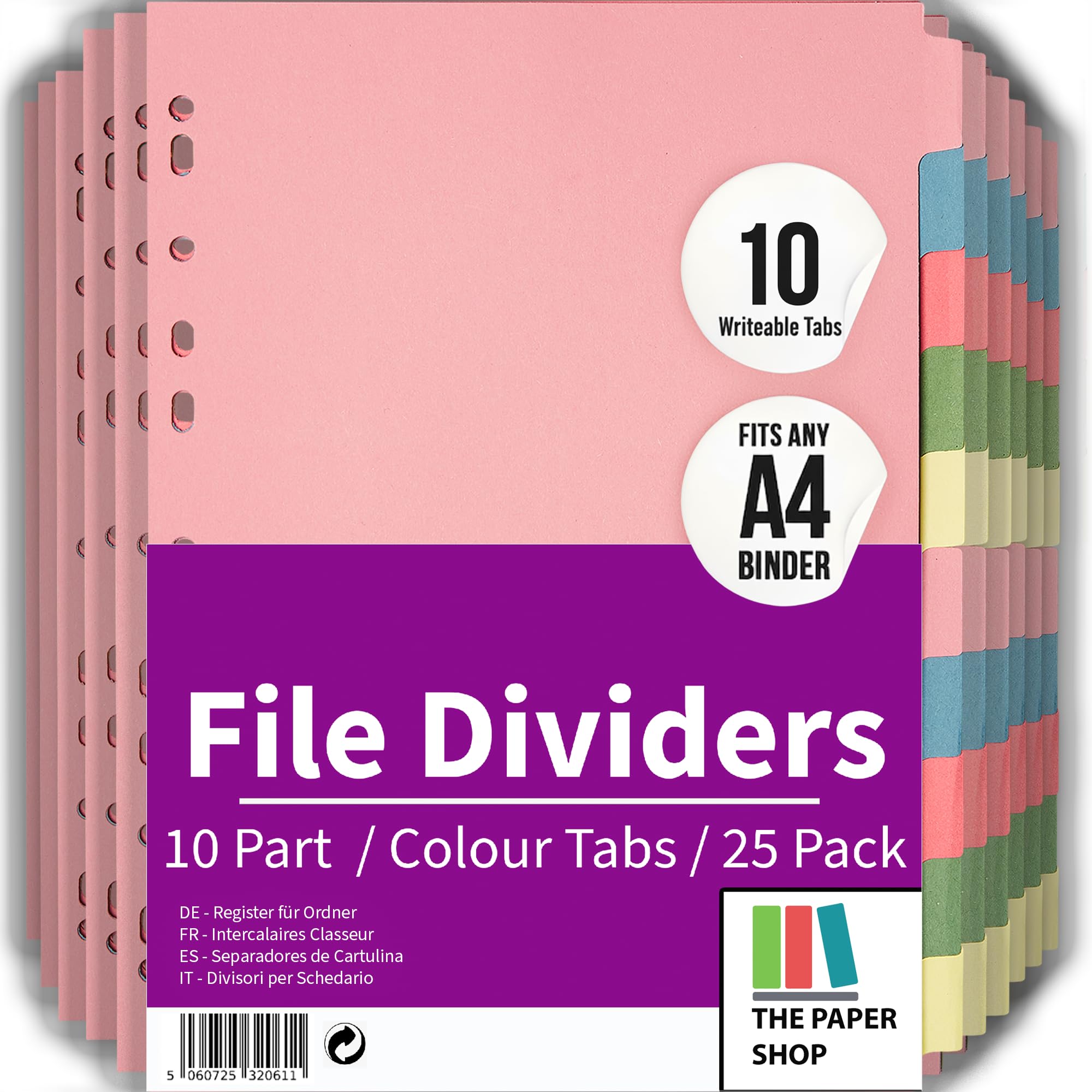 File Dividers A4, 10 Part Folder Dividers for Ring Binders & Lever Arch Files (25 Pack) Binder and Subject Dividers with Writeable Coloured Index Tabs - The Paper Shop