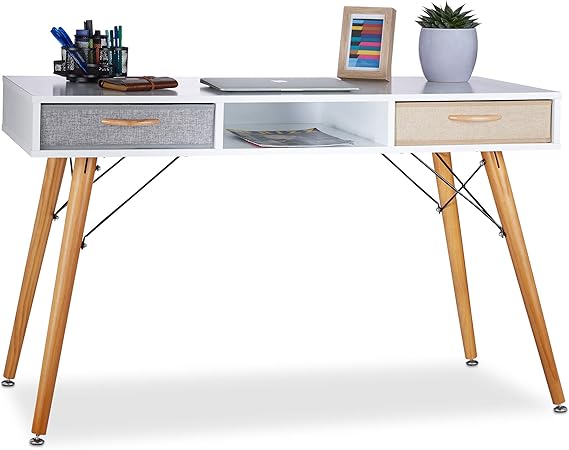 Relaxdays Bureau Design Scandinave 3 Compartiments 2 Tiroirs Table D Ordinateur Hxlxp Env 74x125x60 Cm Bois Blanc Amazon Fr Cuisine Maison