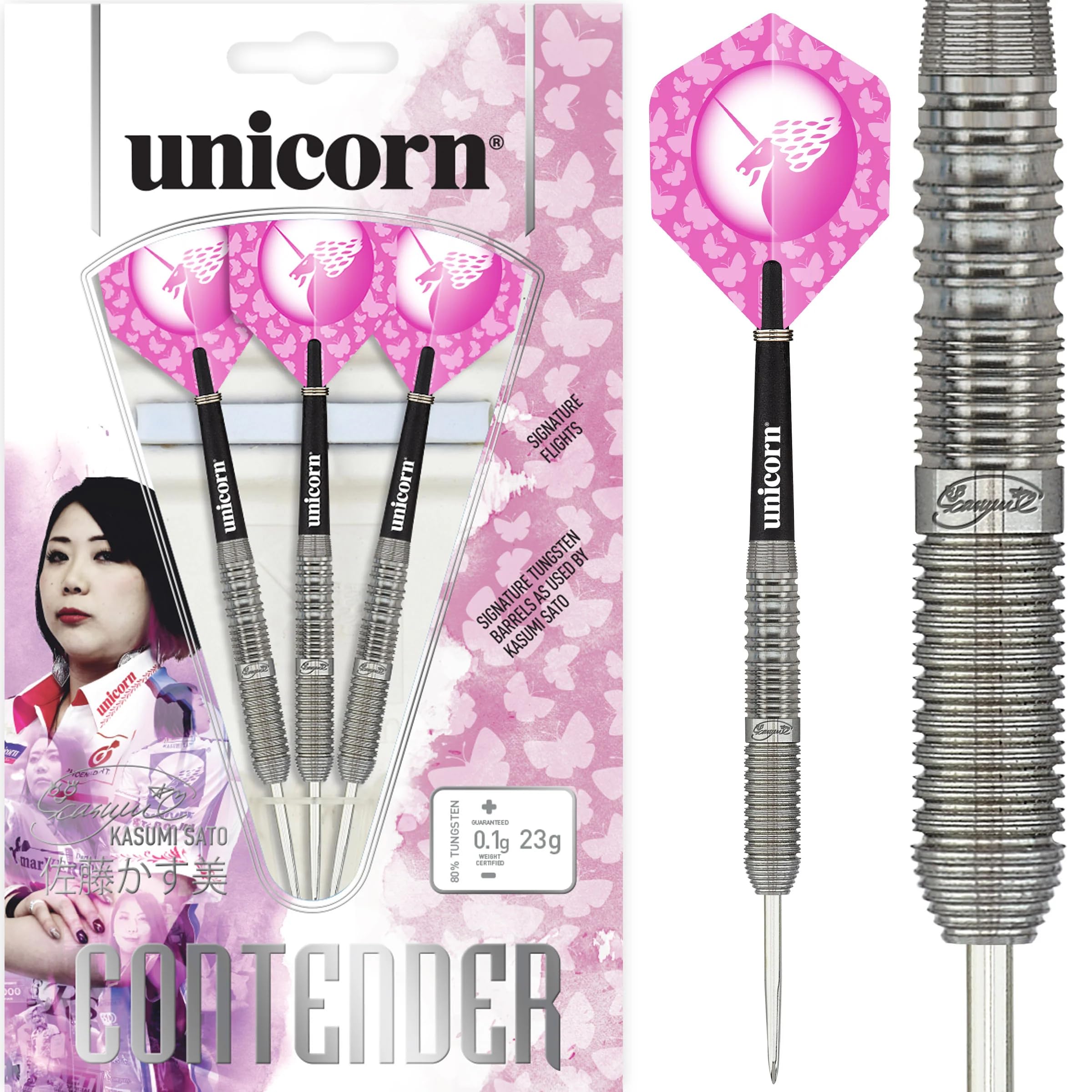Unicorn Steel Tip Darts Set | Kasumi Sato Contender | 70% Natural Tungsten Barrels | 23 g