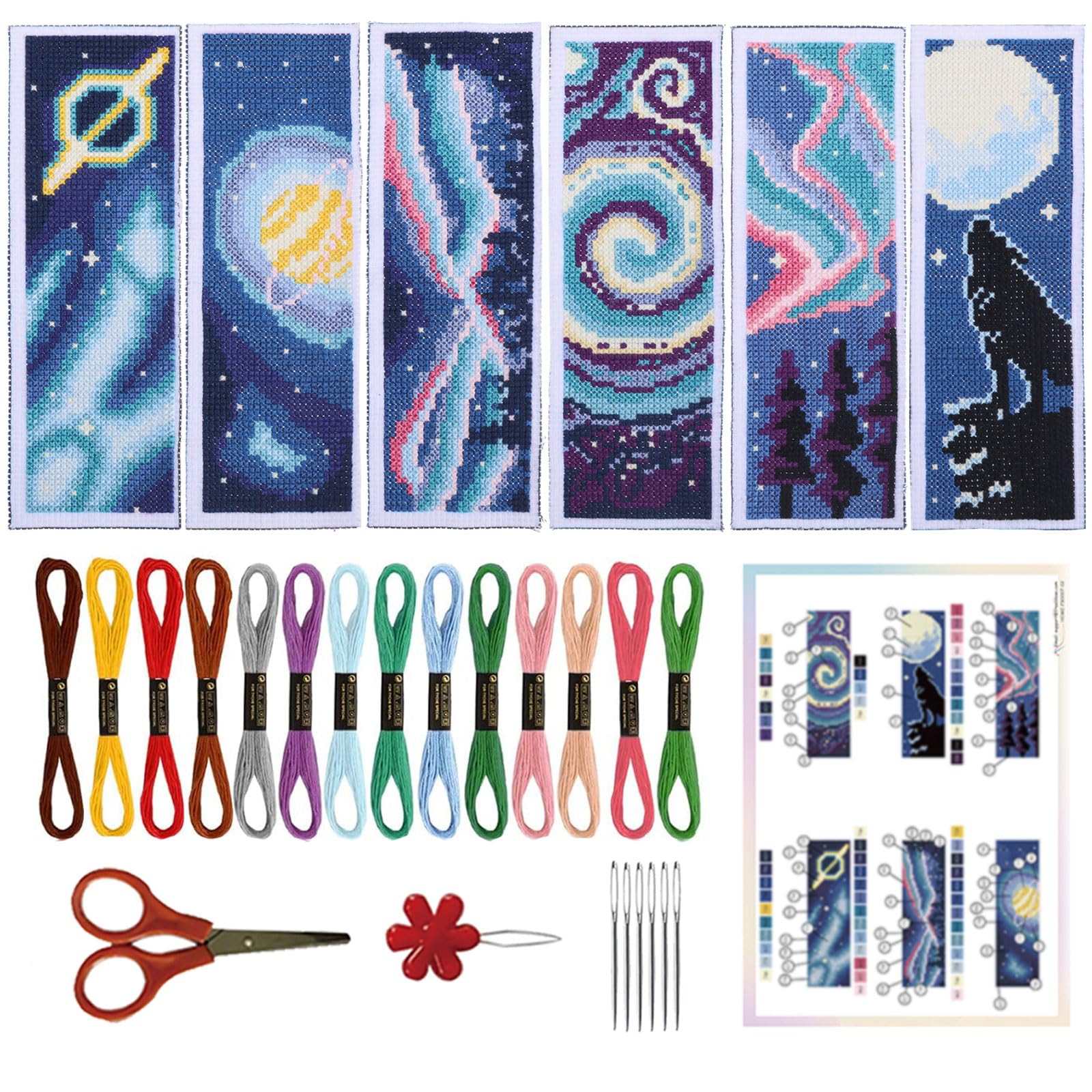ORIGACH 6 Set Starry Sky Cross Stitch Bookmark Kits for Beginner and Book Lover Handmade Cross Stitch Bookmarks Full DIY Supplies with Instructions — image 1