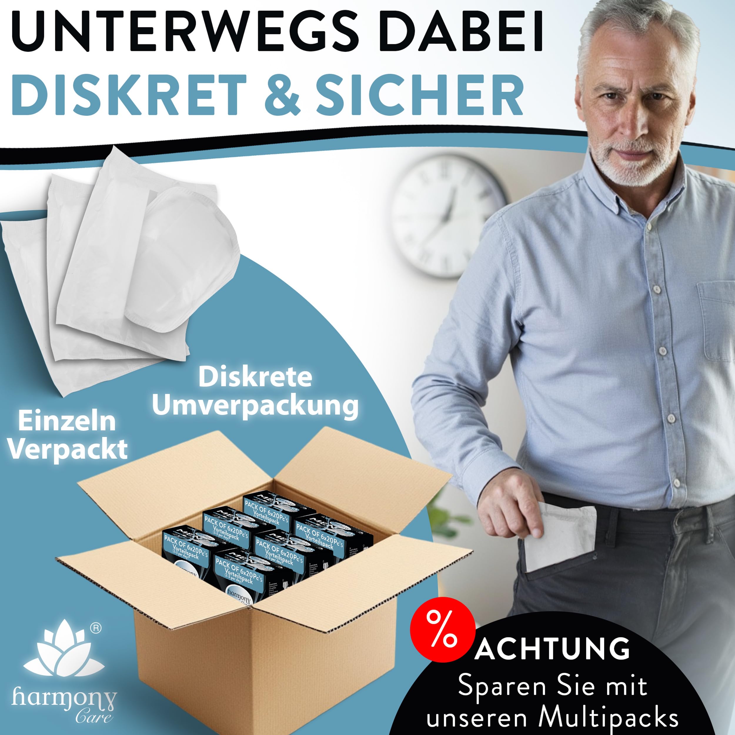 Harmony Care® Men SUPER saugstarke Inkontinenzeinlagen für Männer bei leichter bis mittlerer Blasenschwäche - diskrete Einlagen für Männer bei Inkontinenz - 20 Stück 6