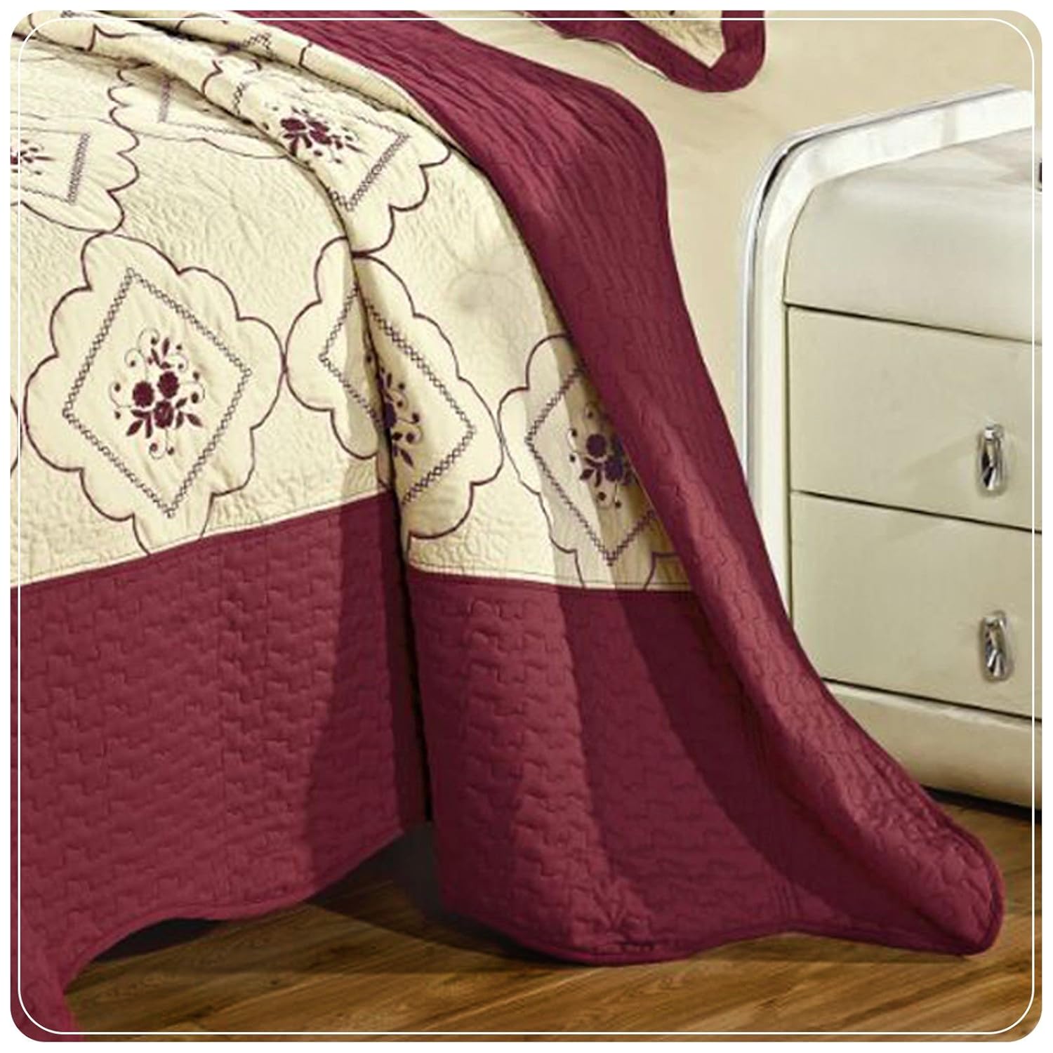 3 Piece Burgundy Polycotton Floral Embroidered Quilted Bedspread Throw