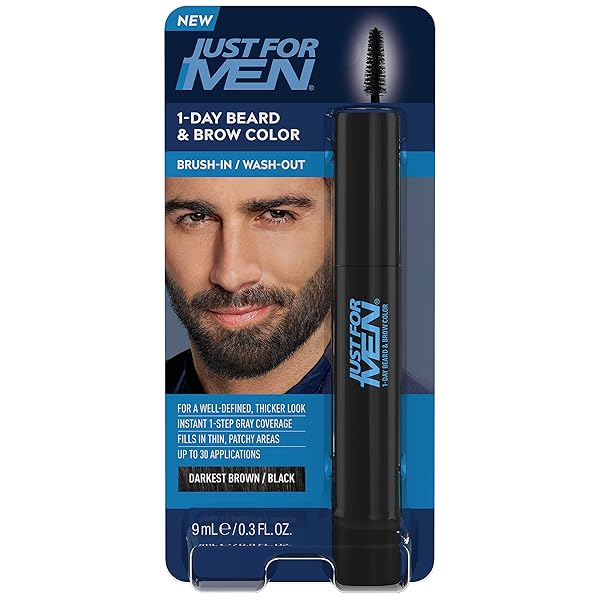 JUST FOR MEN 1-DAY BEARD & BROW COLOR, TEMPORARY COLOR FOR BEARD AND EYEBROWS, FOR A FULLER, WELL-DEFINED LOOK, UP TO 30 APPLICATIONS, DARKEST BROWN/BLACK