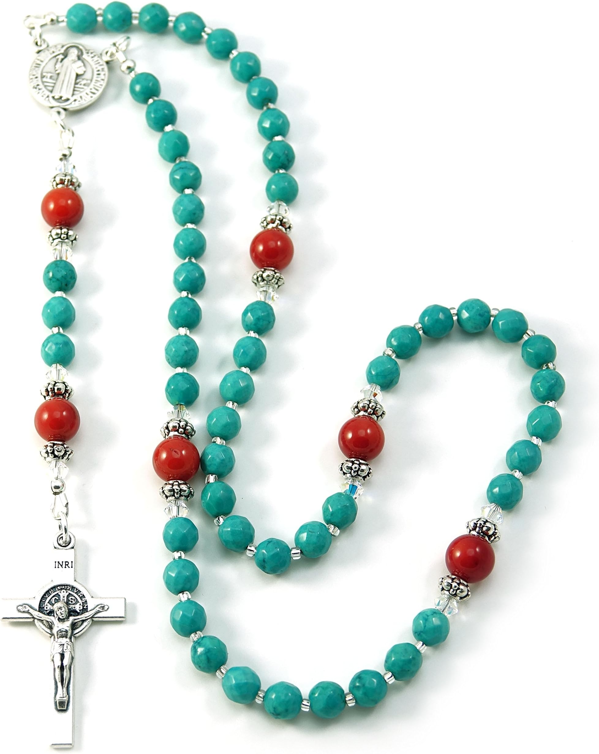 Catholic Rosary Prayer Beads Turquoise Coral Saint Benedict Catholic Rosary with Blessed with Anointing Oil (Not a Necklace)