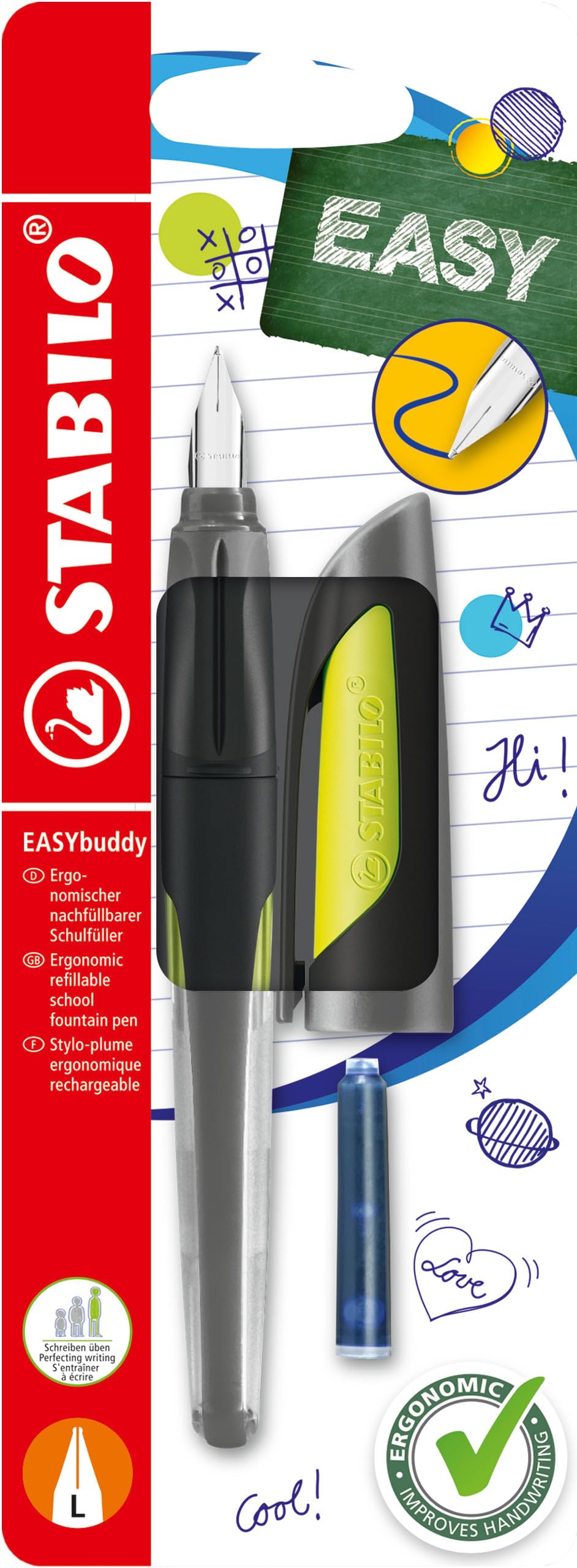 STABILO EASYbuddy - Ergonomic School Fountain Pen - L-Nib - Left-Handed - Pack of 1 - Black/Lime including Blue Ink Cartridge