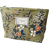 SAING S A I N G Flower Fabric Makeup Bag for Purse, Vintage Corduroy Cosmetic Pouch Bag, Portable Travel Handbag for Women Girls (Green with mixed flowers)