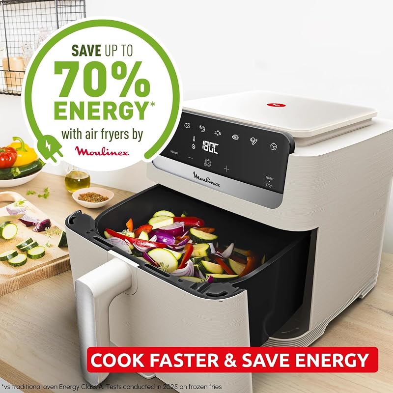 Easy Fry Mega Compact, Friggitrice ad Aria, Risparmio Energetico, Capacità 7.5L, Frontale Rimovibile, EZ866AF0