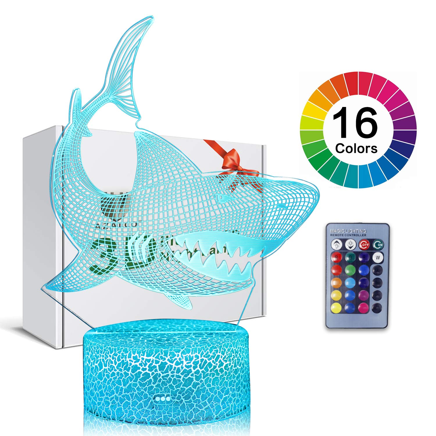 3D Illusion Shark Night Lamp 16 Color Change Touch White Crack Base Power by AA Batteries with Remote Control