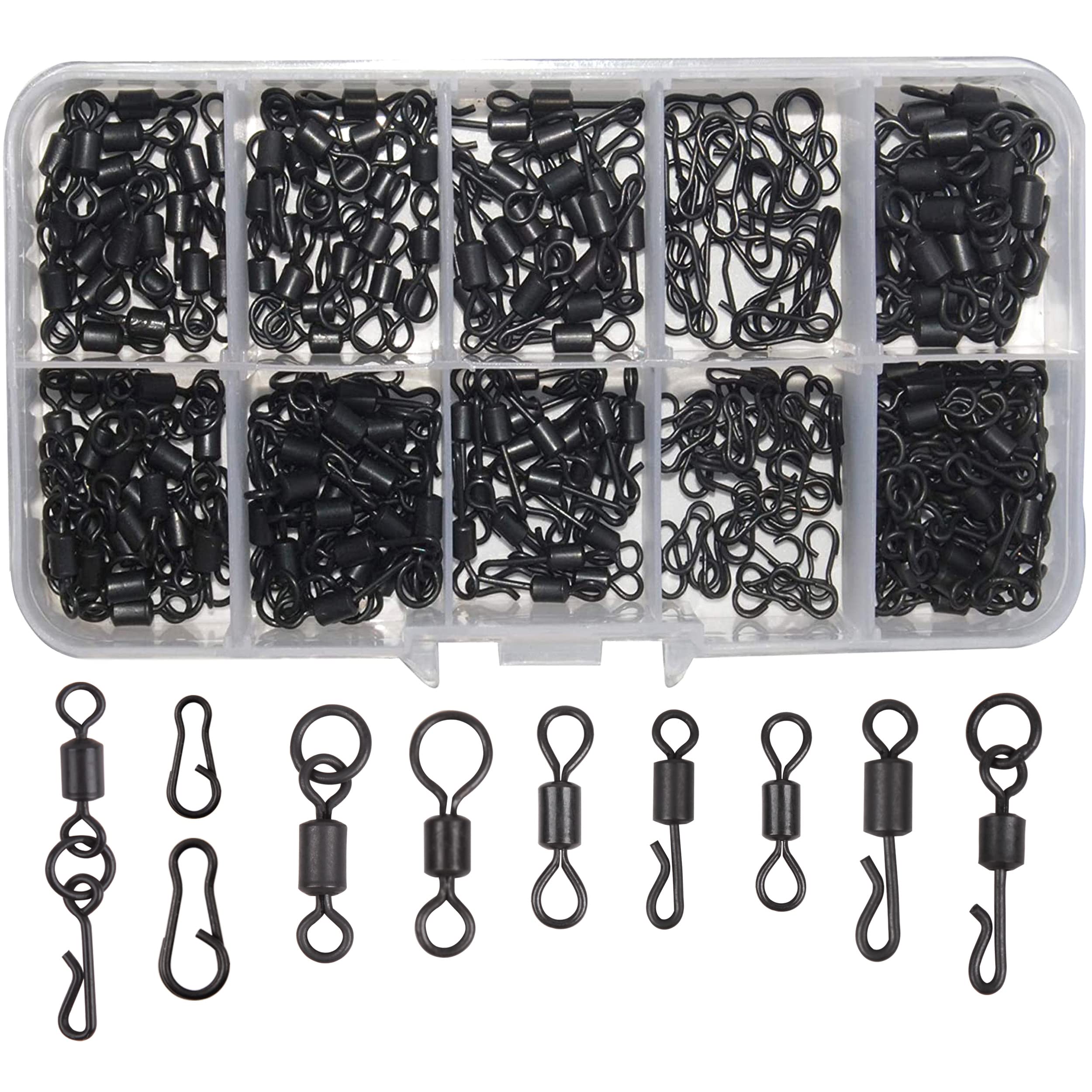 150pcs/box Matte Black Carp Fishing Swivel Clips Rolling Ring Swivel Speed Links Snaps Quick Change/Release Swivels Rigs Kit with Tackle Box for Carp Coarse Sea Fishing