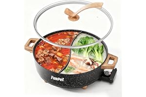 FunPot Electric Twin Compartment Hot Pot with Divider, Diamond Grid Embossed Base, 1350W Temperature Control, Large 6-Litre C