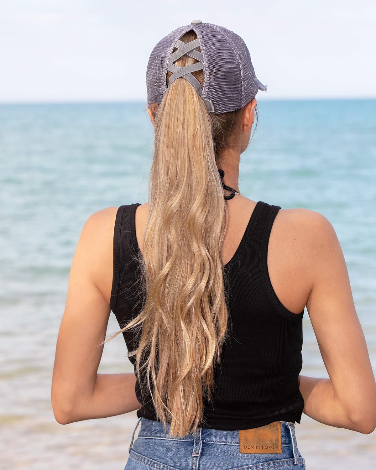 Funky Junque Dad Hat Ponytail Messy Bun Trucker Ponycap (Distressed Black w/Criss Cross Back) at  Women’s Clothing store