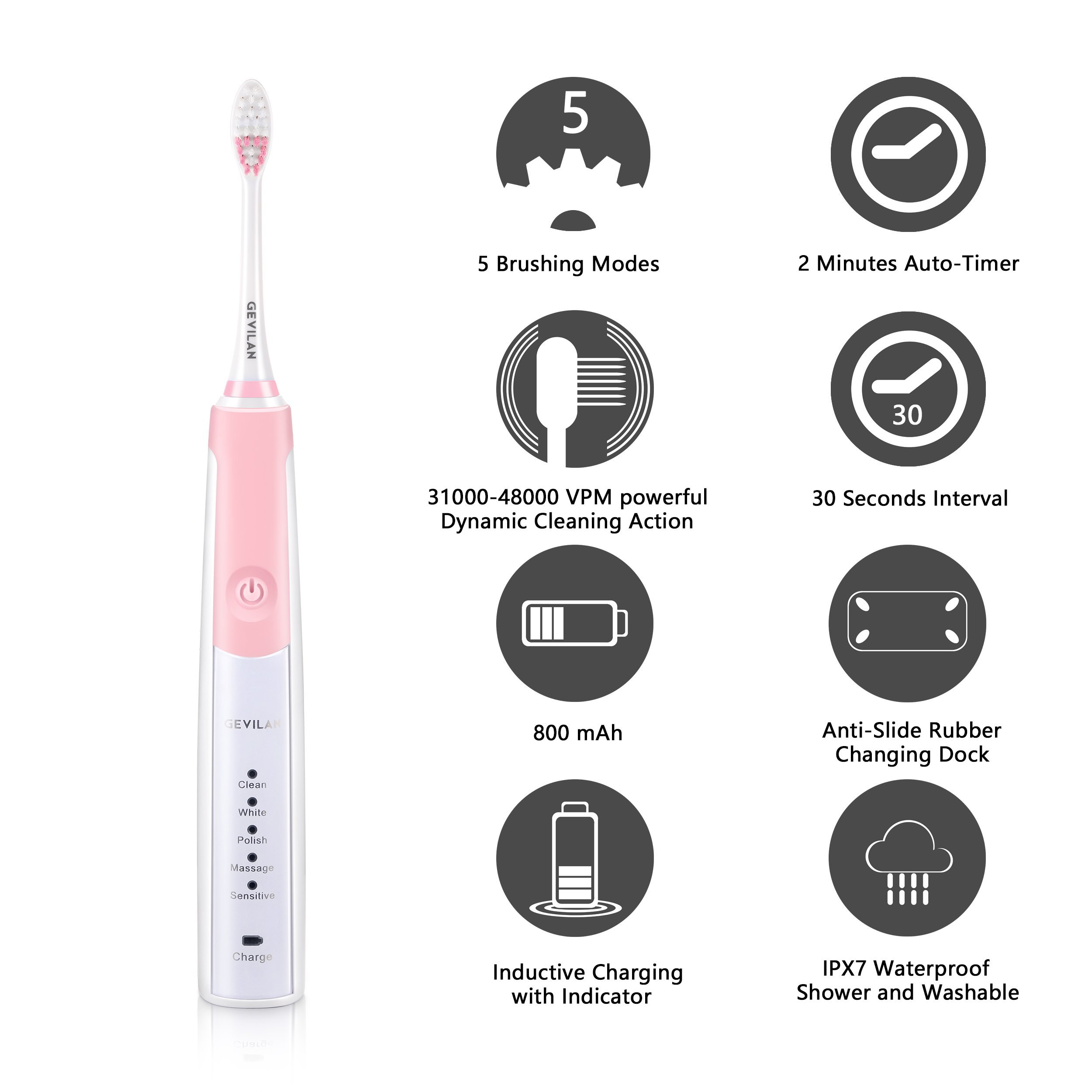 Sonic Pro Electric Toothbrush by Gevilan, 48000 Powerful Vibration with Rechargeable Battery, 5 Cleaning Modes with Smart Timer, Waterproof and Portable for Daily Oral Beauty Care, Home and Travel