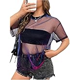 SOLY HUX Women's Plus Size Metallic Sheer Mesh Tops Short Sleeve T Shirt See Through Clubwear Tee