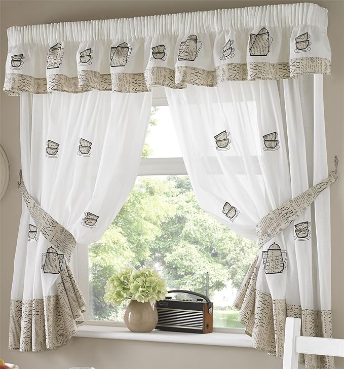 Coffee Pots Kitchen Curtains Including Free Tie Backs 46"x42", Pelmet