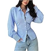 SOLY HUX Women's Striped Button Down Shirt Cinched Waist Top Long Sleeve Collared Lace Up Back Blouse