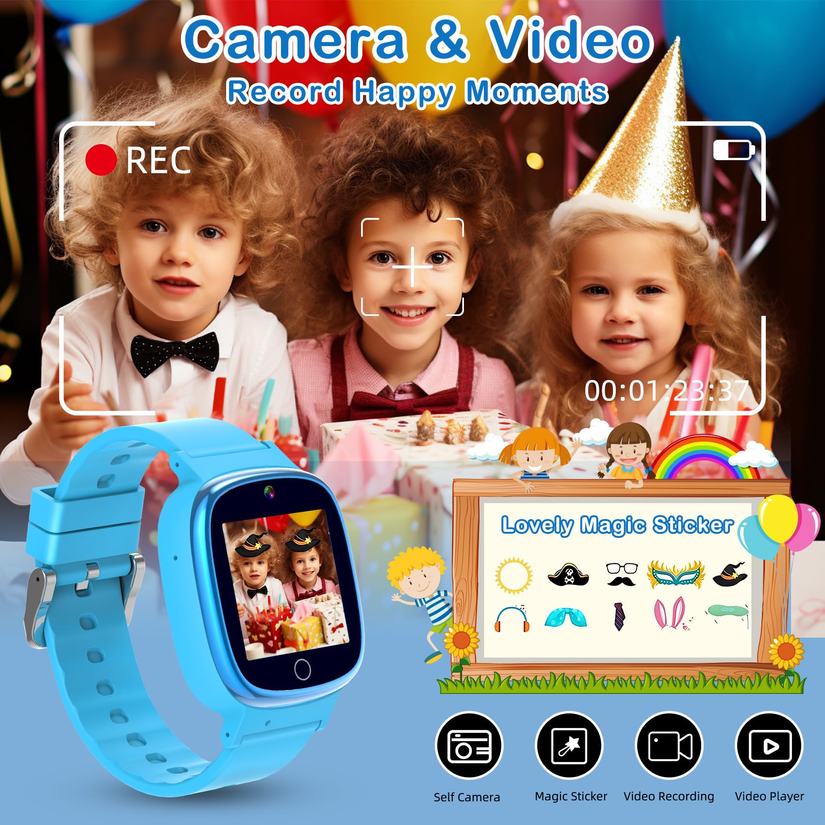 Kids Watch with 24 Puzzle Games, HD Touch Screen Smart Watches for Kids with Camera Video Music Player Pedometer Flashlight Alarm, 12/24hr Watch for Boys, for Boys 3-12, Blue