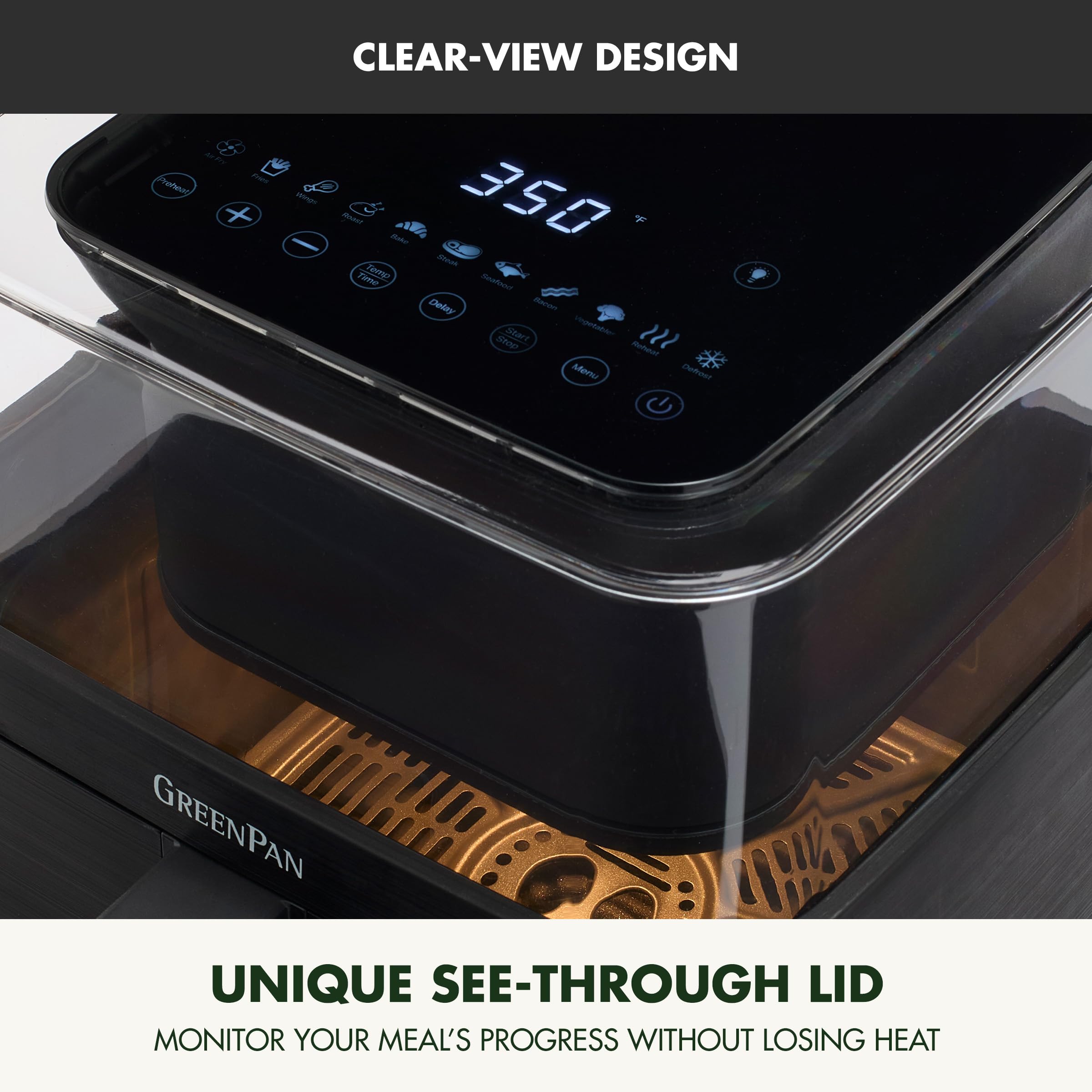 GreenPan Clearview freidora de aire extra grande de 7 cuartos, ventana transparente de 360°, cajón y bandeja antiadherentes de cerámica sin PFAS, calor a 400 °F, 13 preajustes, recordatorio de batido, mantener caliente, inicio retardado, piezas aptas para lavavajillas